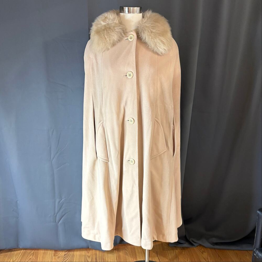 Vintage 1960s Cashmiracle Cape with Faux Fur Collar Beige Tan